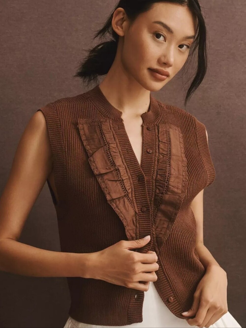 Maeve Ruffled Sweater Vest In Brown Size Small
